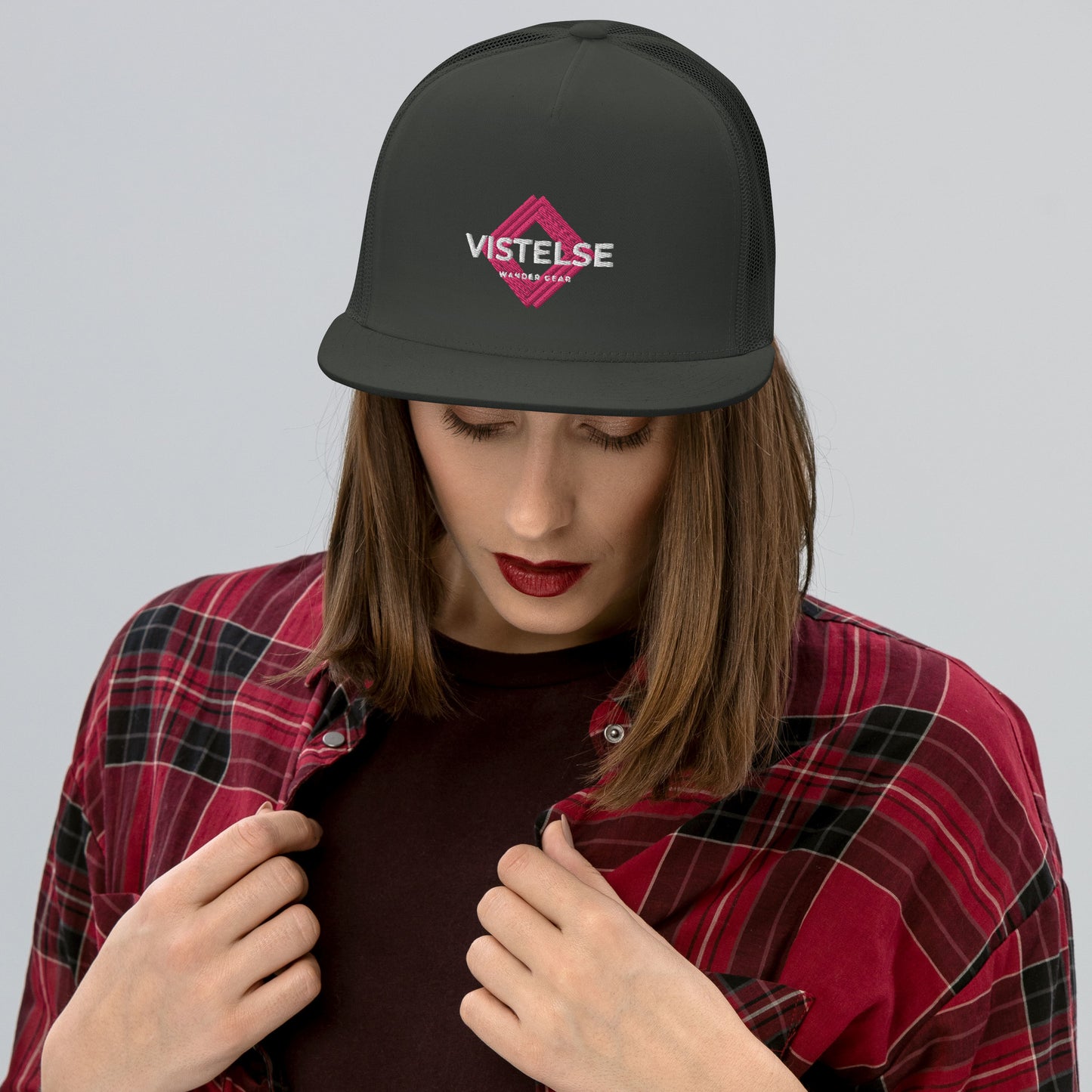 VISTELSE Wander Gear Pink and White Embroidered Trucker Cap