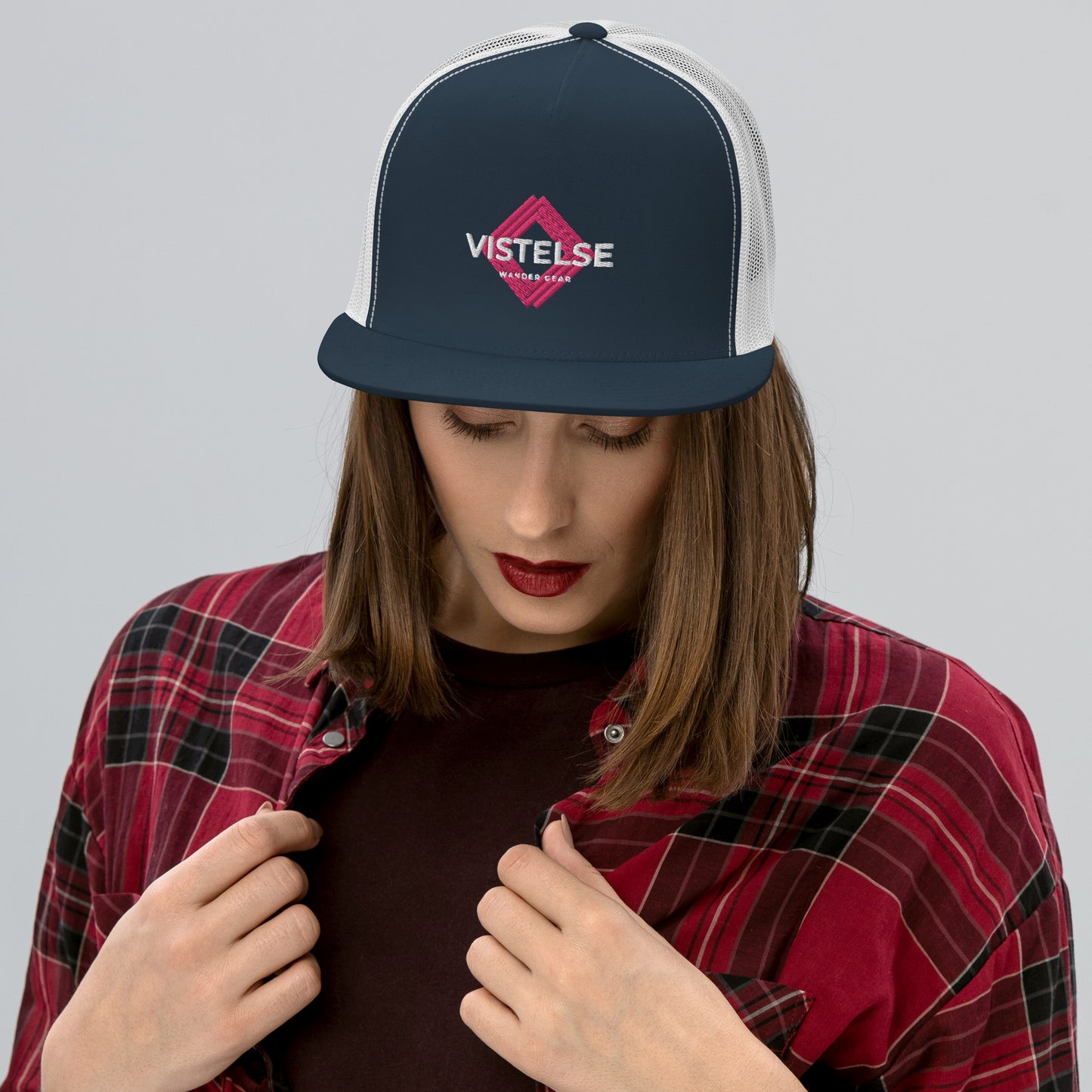 VISTELSE Wander Gear Pink and White Embroidered Trucker Cap