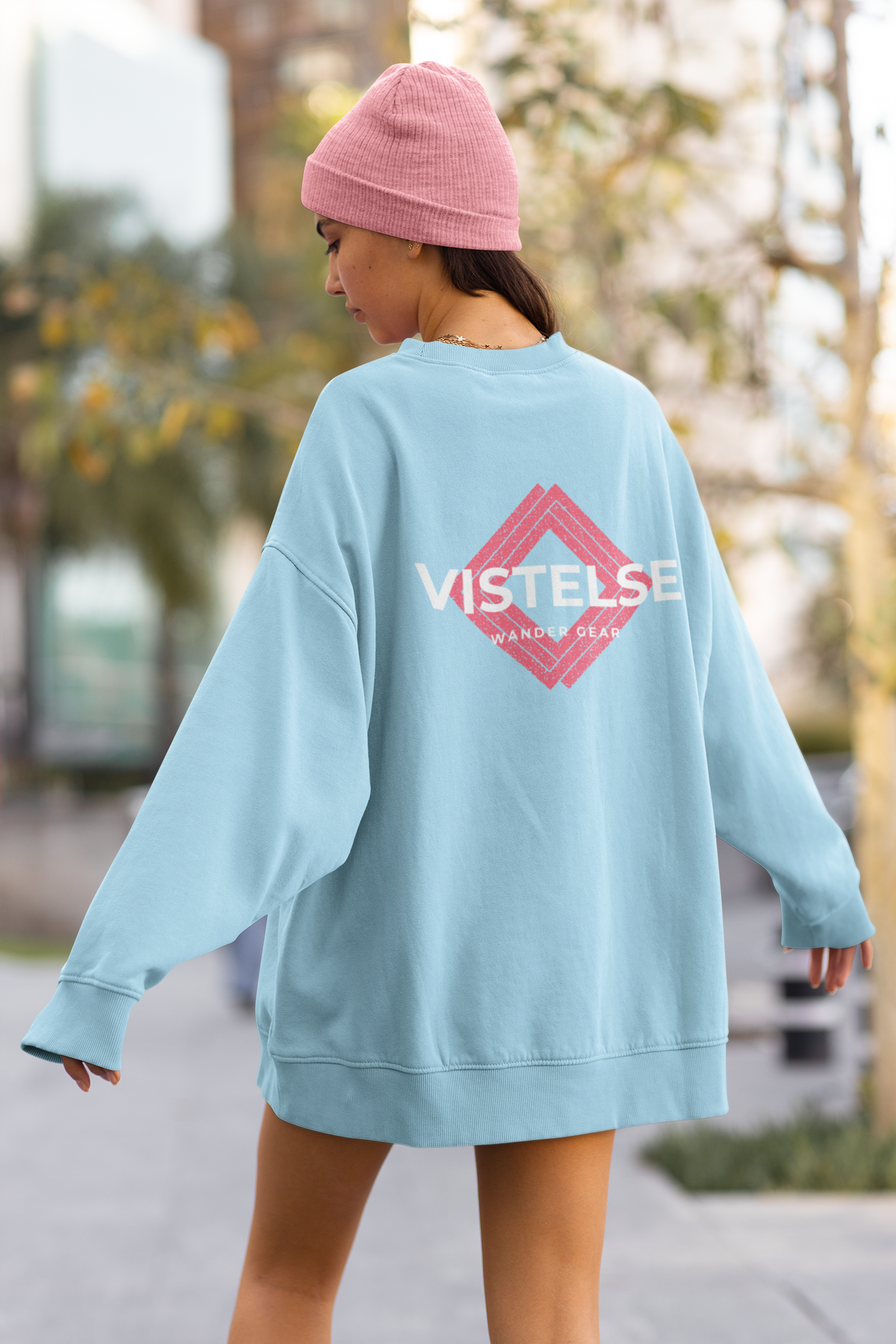 VISTELSE Wander Gear Pink and White Unisex Crew Sweatshirt