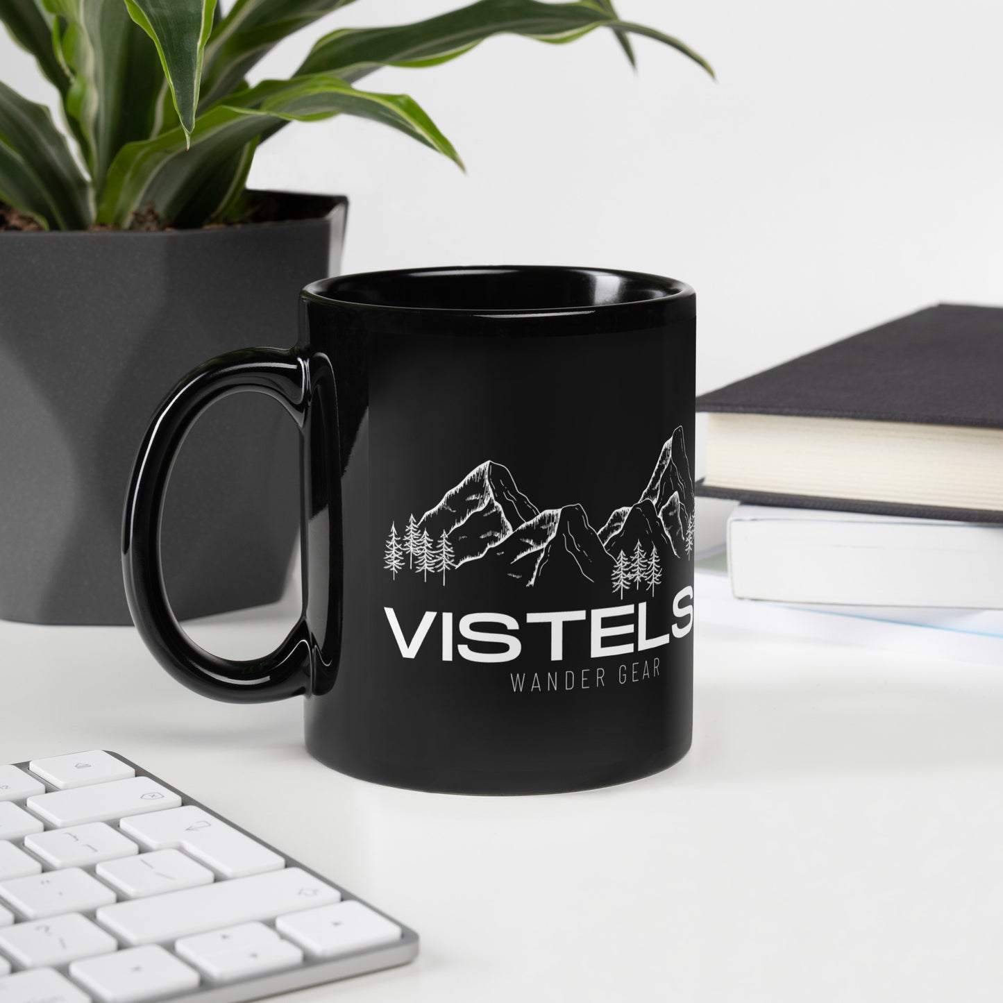 VISTELSE Wander Gear Mountains and Trees Black Glossy Mug